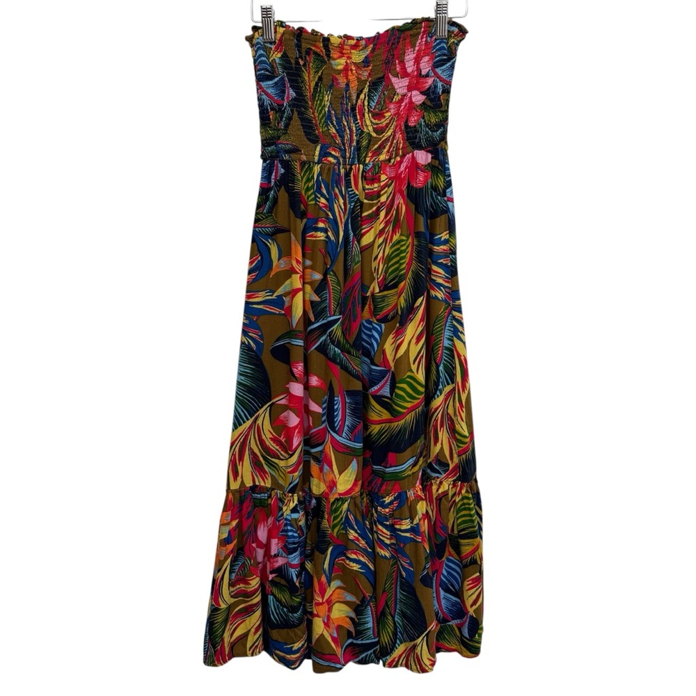 Aerie Smocked Strapless Tropical Tiered Midi Dress Women XS